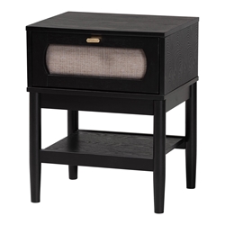 Baxton Studio Shirin Mid-Century Beige Fabric and Black Wood 1-Drawer Nightstand